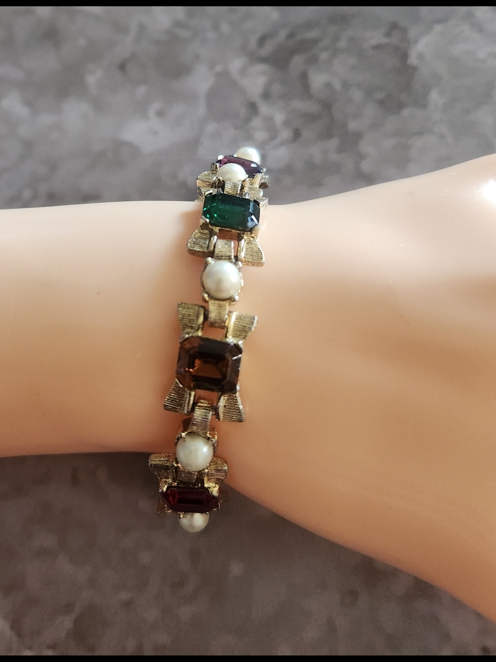 VTG Early to Mid-Century Multi Stone Yellow Gold Plated  Womens Bracelet